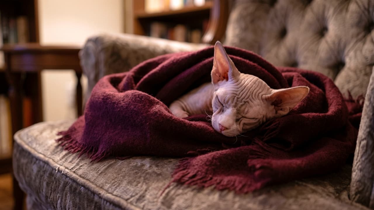 "Wrapped in pure luxury and warm comfort! 🍷🛋️ When you find that perfect cozy nook, moving is strictly out of the question. Stay snug, everyone! 👑✨" Ultra-realistic, high-quality close-up photograph of a hairless Sphynx kitten with prominent pointed ears and intricate skin wrinkles sleeping deeply inside a plush burgundy-colored throw blanket. The kitten rests upon a vintage velvet tufted armchair in a softly lit, dignified interior, with warm shadows emphasizing the velvety folds of its skin and the cozy fringe of the blanket.