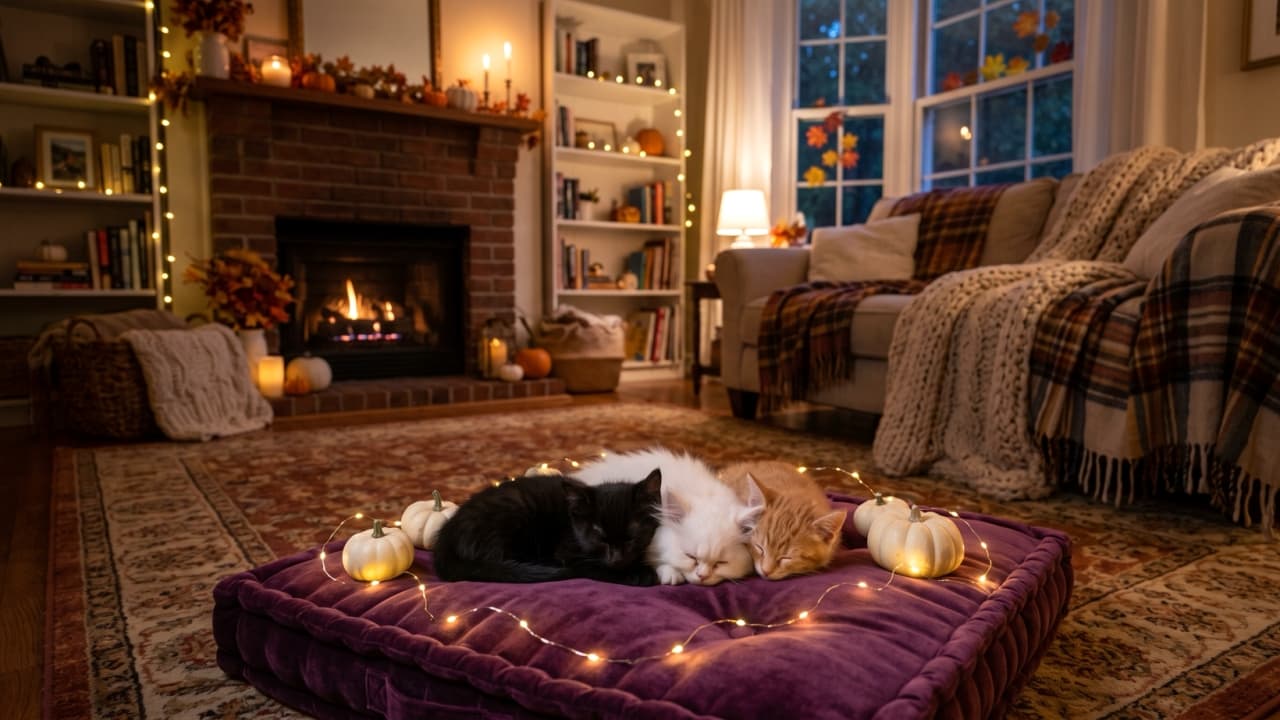 \"The ultimate autumn cuddle puddle! 🎃✨ Three little dreamers found the warmest spot right in front of the hearth. Which sweet sleeping buddy would you snuggle with first? 🐾💤\" Ultra-realistic, high-quality wide photograph of three adorable kittens sleeping nestled closely together on a thick, tufted purple velvet floor cushion in a warm autumn living room. On the left is a sleek black Bombay kitten, in the middle a fluffy white Persian kitten, and on the right a striped ginger tabby kitten, all resting peacefully with their eyes gently closed. Delicate glowing string fairy lights and miniature white pumpkins encircle the kittens across the rich velvet fabric. In the cozy background, soft flames burn inside a classic brick fireplace, flanked by decorated bookshelves and a couch draped in knitted autumn blankets.