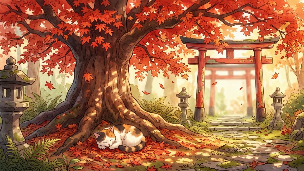 "Embracing the ultimate autumn vibes! 🍁 This sleepy calico has definitely found the perfect nap spot under the glowing maple leaves. Who else wishes they were snoozing right here right now? 🐾✨" Ultra-realistic high-quality illustration of a charming calico cat sleeping peacefully on a bed of fallen red leaves beneath a massive, ancient maple tree. The warm autumn sunlight filters through the vibrant red canopy, illuminating a traditional red Torii gate and classic stone lanterns in the serene, enchanted background.