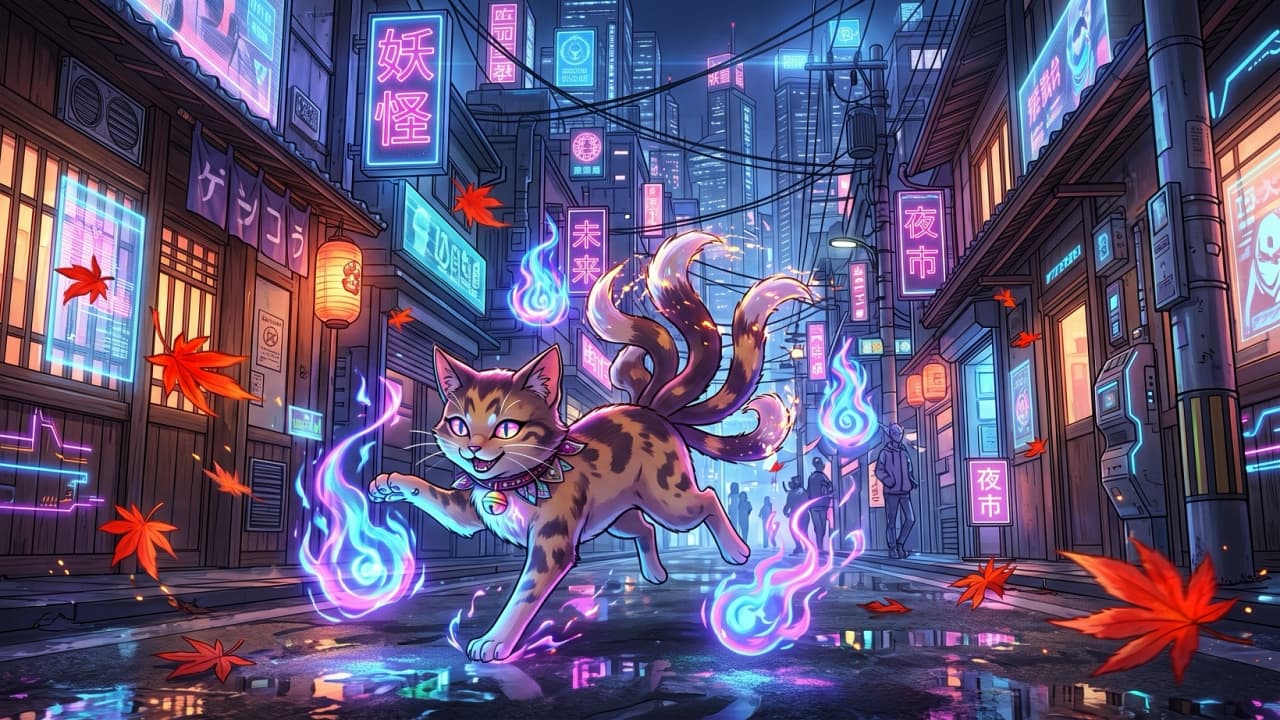 "Stepping straight out of a neon dream! ⚡️🐾 This mystical multi-tailed kitty is bringing serious cyberpunk energy to the streets. Are you ready for a magical night run? 🏙️🔥" Ultra-realistic high-quality digital art of a mythical, multi-tailed tabby cat with glowing purple eyes, running dynamically through a futuristic, rain-slicked cyberpunk Japanese alleyway. Floating blue and purple spirit flames and scattered red autumn leaves surround the energetic feline amidst vibrant, glowing neon street signs.