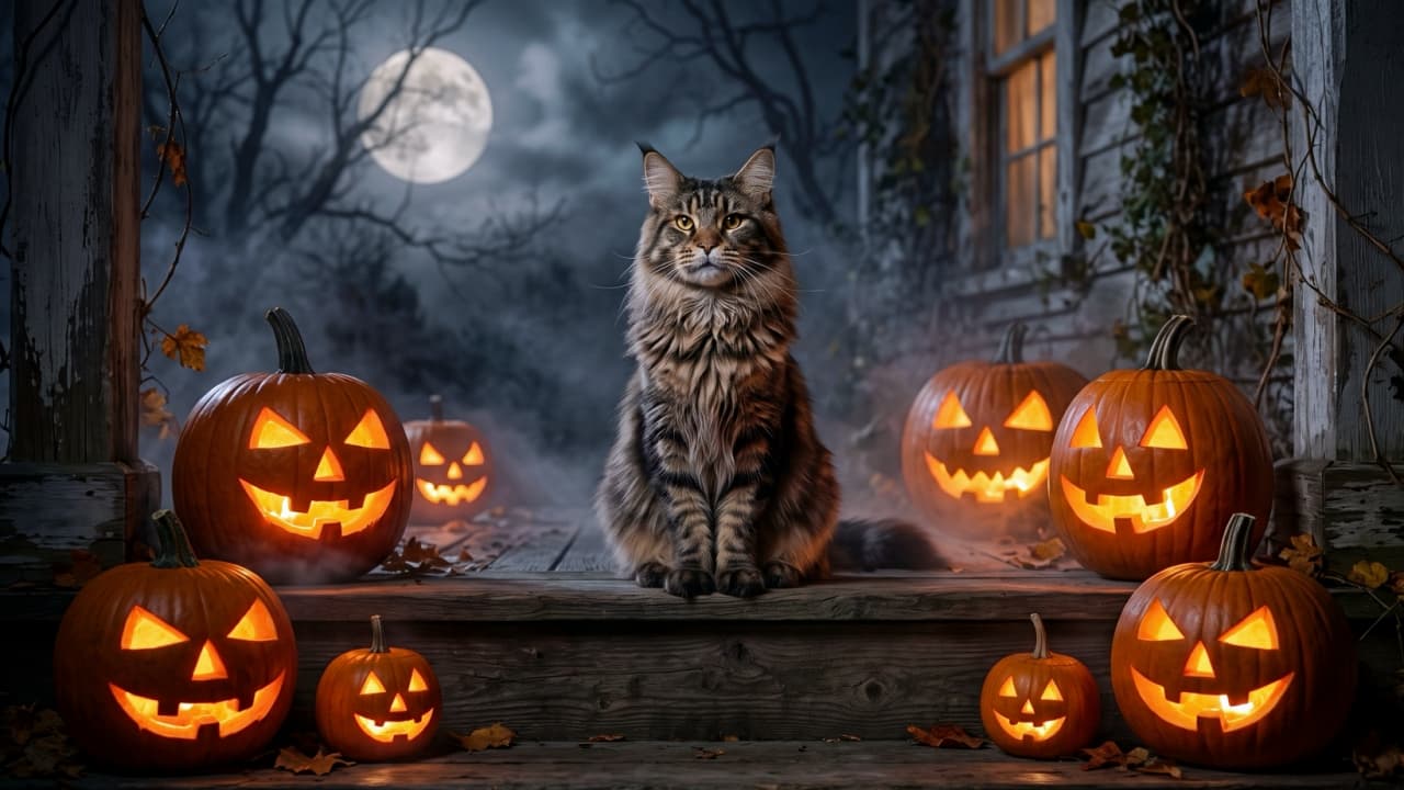 "The fearless guardian of the pumpkin patch has arrived! 🌕🎃 Are you brave enough to trick-or-treat here? Drop a ghost emoji if you are! 👻🐾" Ultra-realistic high-quality photograph of a brave, majestic Maine Coon cat with thick tabby fur sitting regally on the wooden steps of a spooky night-time porch. The cat is surrounded by multiple lit, grinning Jack-o'-lanterns, with a full moon and eerie fog in the background creating a highly cinematic and dramatic Halloween atmosphere.
