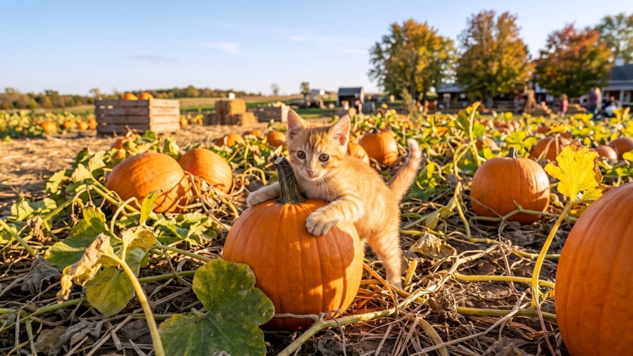 "Exploring the pumpkin patch in the golden hour sunshine! ☀️🎃 This little ginger adventurer is ready for fall. Have you picked your pumpkin yet? 🍂🐾" Ultra-realistic high-quality photograph of a curious ginger tabby kitten standing on its hind legs with its front paws resting on a large, bright orange pumpkin. The kitten is in a vast pumpkin patch illuminated by warm golden-hour sunlight, with green vines in the foreground and a picturesque autumn farm and trees in the soft-focus background.