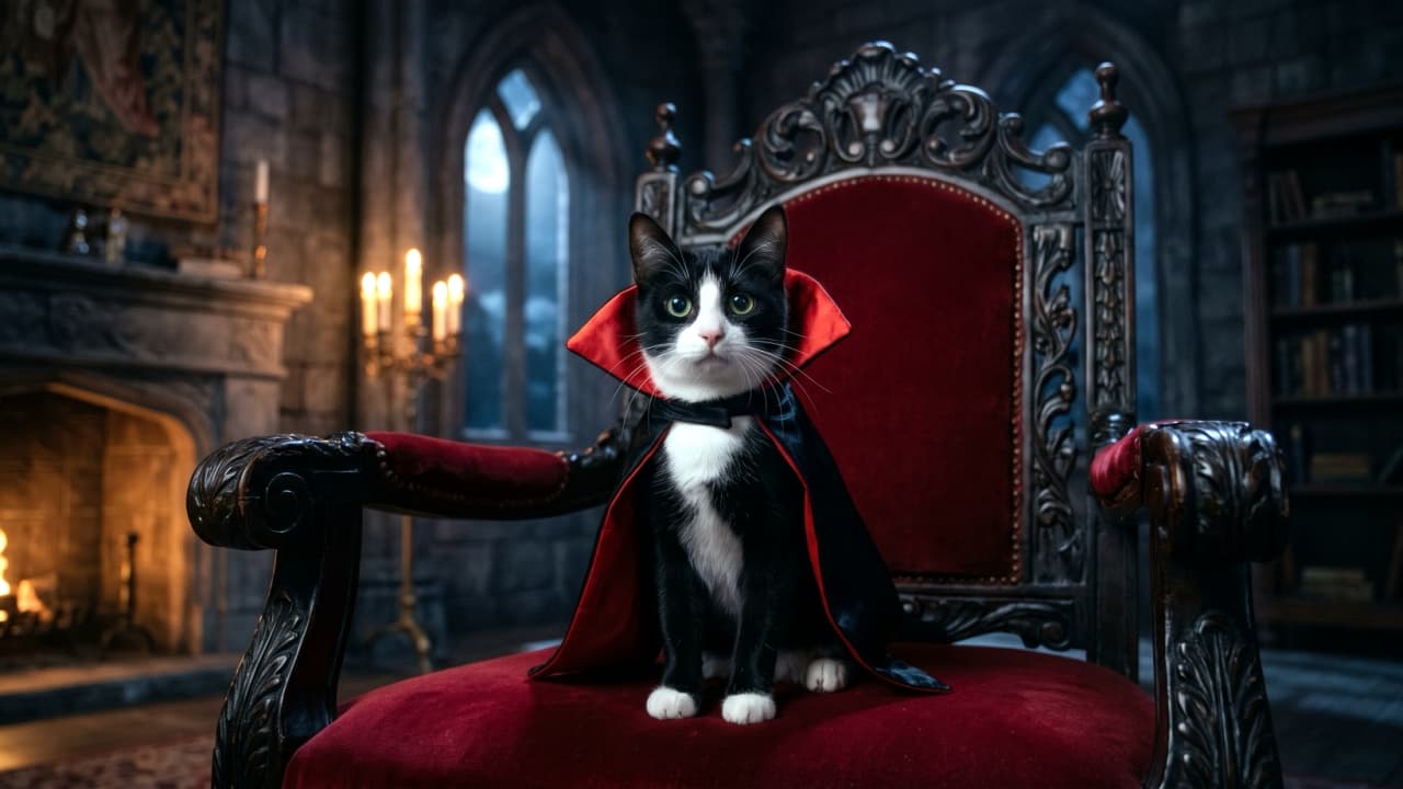"Count Purr-cula is ready to rule the night! 🧛♂️🦇 Who could resist this dapper little vampire? What's your pet dressing up as this year? 🍷✨" Ultra-realistic high-quality photograph of a cute Tuxedo cat wearing a black vampire cape with a striking red lining. The cat is sitting formally on a luxurious dark red velvet and carved wood throne inside a gothic, dimly lit room with stone walls, arched windows, and a warmly lit fireplace in the background.