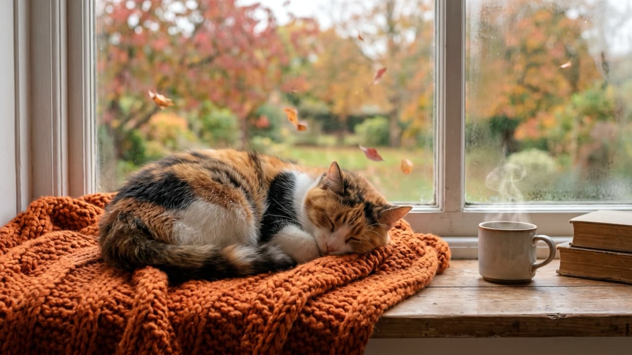 "Cozy autumn afternoons were made for naps! 🍁☕️ Just look at this sweet Calico soaking up the fall vibes. How are you relaxing this weekend? 🍂💤" Ultra-realistic high-quality photograph of a fluffy Calico cat sleeping peacefully curled up on a thick, orange chunky knit blanket. The cat rests on a wooden windowsill next to a steaming mug and stacked books, with a blurred background of a window showing falling colorful autumn leaves and a soft, cozy natural light illuminating the peaceful scene.