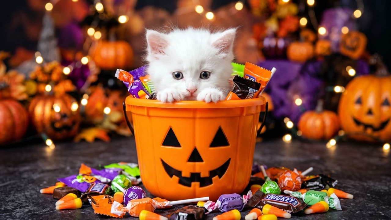 "The ultimate Halloween treat! 🍬🍭 Who needs candy when you can have this incredibly fluffy white kitten? What's your absolute favorite Halloween sweet? Tell us in the comments! 🎃👻🐾" Ultra-realistic high-quality photograph of an incredibly small, fluffy white kitten peeking adorably out of an orange plastic Jack-o'-lantern bucket. The kitten's tiny white paws rest on the rim, and it is surrounded by a vibrant assortment of colorful Halloween candies, lollipops, and wrapped chocolates spilling out onto a dark surface. The background is a festive blur of warm, glowing string lights, autumn leaves, and out-of-focus pumpkins, capturing a joyful Halloween night vibe.