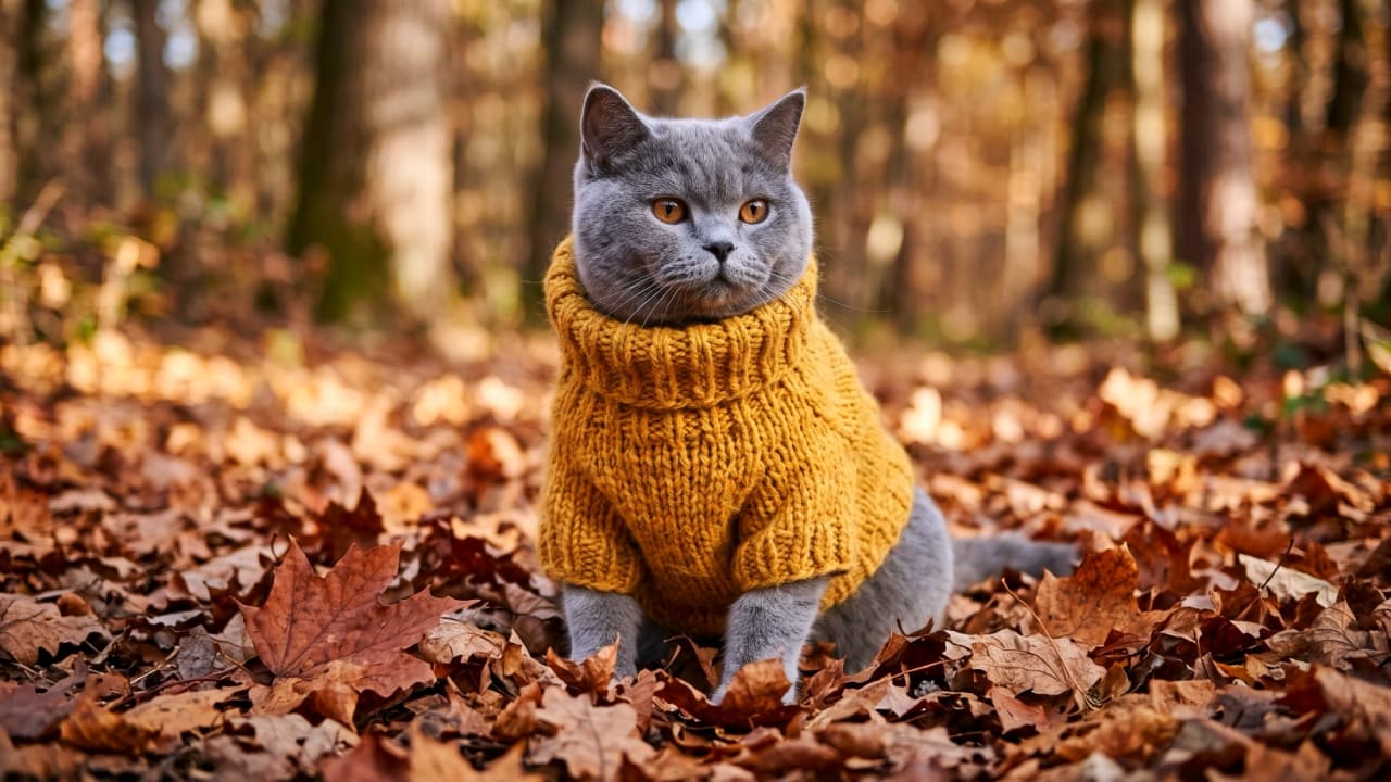 "Sweater weather is finally here! 🍂🧶 This dapper British Shorthair is rocking that mustard knit better than any of us could. What's your favorite fall color to wear? Let us know below! 🐾✨" Ultra-realistic high-quality photograph of a beautiful gray British Shorthair cat sitting in a serene forest covered with crisp, brown autumn leaves. The cat features dense, plush gray fur, striking amber eyes, and is wearing a cozy, thick-knit mustard yellow turtleneck sweater. The feline looks slightly to the right with a calm, regal expression, beautifully contrasting against the softly blurred background of sunlit autumn trees and rich earthy tones.