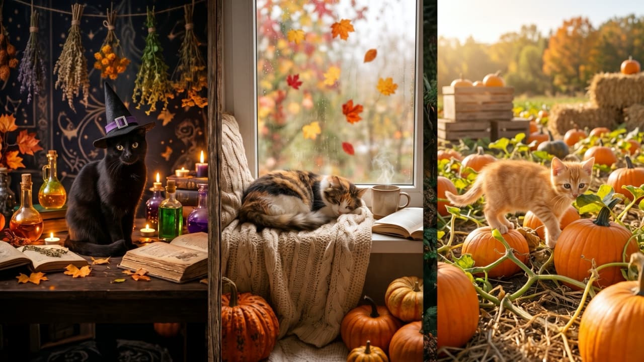 \"Fall vibes are officially here! 🍂🧙‍♀️ From magical to cozy and playful, which autumn mood are you feeling today? Let us know below! 🎃🐱✨\" Ultra-realistic high-quality photograph of a cinematic triptych separated by dark wood. Left panel: a sleek black cat wearing a purple-buckled witch hat sits among glowing green potions and spellbooks. Center panel: a fluffy calico cat sleeps curled up on a thick off-white knit blanket by a window with falling autumn leaves. Right panel: a curious ginger tabby kitten stands on a large orange pumpkin in a sunlit, golden-hour pumpkin patch.