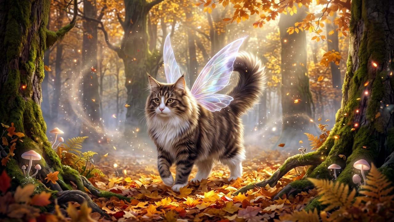 "A magical forest guardian appears! 🧚♂️✨ This magnificent Norwegian Forest Cat looks like it stepped right out of a fairy tale. If your cat had wings, where would they fly off to? 🌲🍂🐾" Ultra-realistic high-quality fantasy photograph of a majestic Norwegian Forest Cat walking gracefully through an enchanted, sun-drenched autumn forest. This stunning feline boasts thick, fluffy brown tabby fur, a majestic white ruff, and delicate, translucent iridescent fairy wings sprouting from its back. The forest floor is blanketed with vivid orange leaves and glowing pinkish mushrooms, while golden light rays filter through the ancient, moss-covered trees, creating a breathtakingly magical atmosphere.