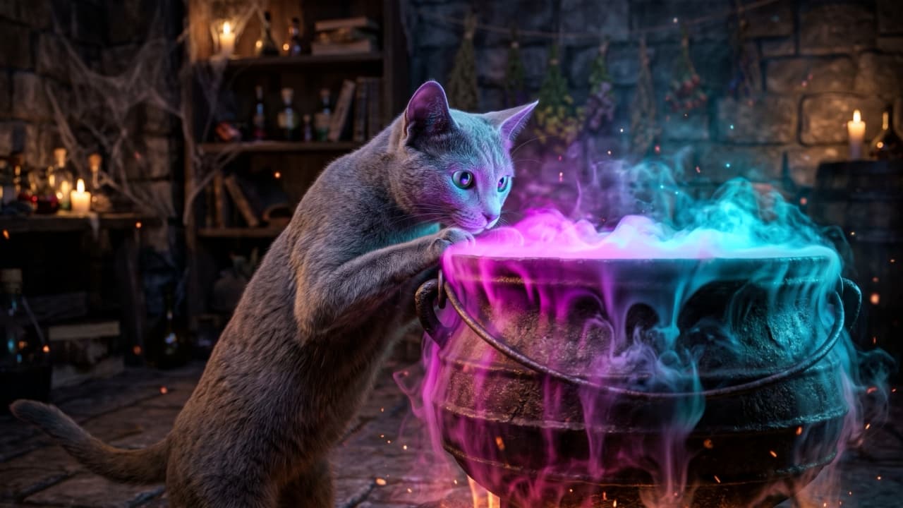 "Something magical is brewing! 🧪✨ This curious Russian Blue is mixing up the purr-fect Halloween potion tonight. What spell do you think they're casting? 🐾🔮🦇" Ultra-realistic high-quality photograph of a curious Russian Blue cat standing on its hind legs in a dimly lit, rustic witch's laboratory. The sleek gray cat is leaning its front paws on the rim of a heavy black iron cauldron, gazing intensely into the glowing, swirling magenta and cyan smoke billowing from within. The background features stone walls, flickering candlelight, and wooden shelves lined with mysterious potion bottles and dried herbs, evoking a mystical and atmospheric ambiance.