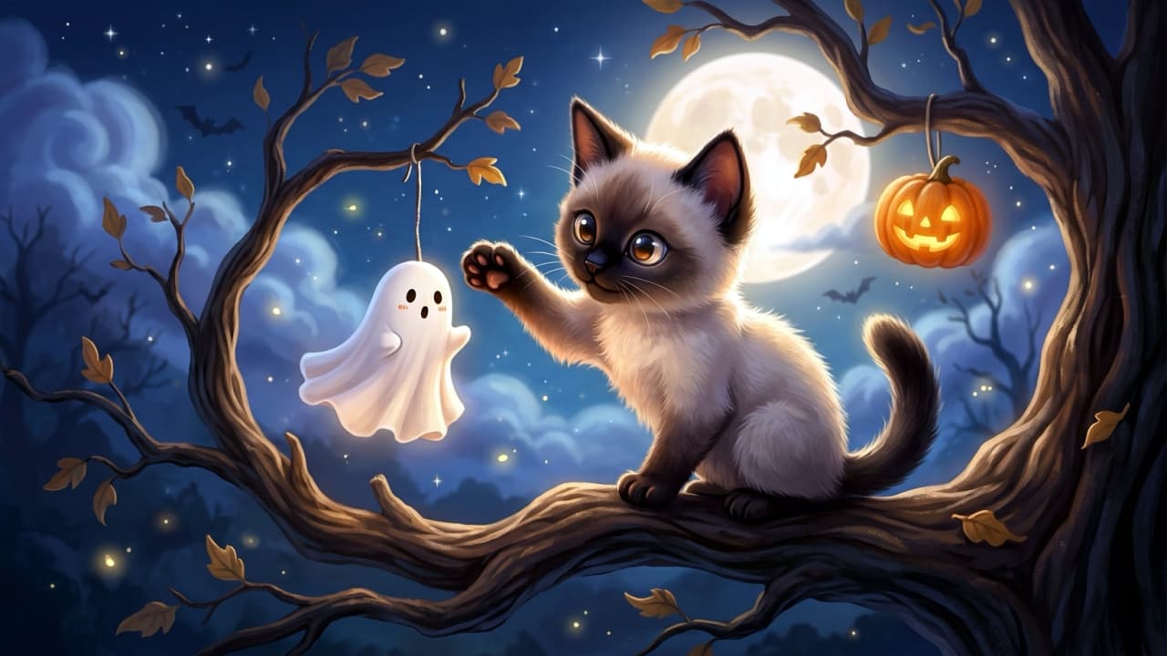 "Reaching for some Halloween magic! 👻🌙 This playful Siamese kitten isn't scared of a little friendly ghost. Are you team tricks or team treats this year? Drop a 🎃 if you love spooky season! 🐾✨" Ultra-realistic high-quality 3D-style digital illustration of a playful Siamese kitten perched on a gnarled tree branch against a starry night sky with a luminous full moon. The fluffy kitten, with dark points on its face, ears, and paws, reaches a curious paw out to touch a cute, glowing white ghost toy hanging from a branch. A lit Jack-o'-lantern hangs nearby, and tiny spark-like fireflies add a magical, whimsical Halloween atmosphere to the dark blue nighttime background.