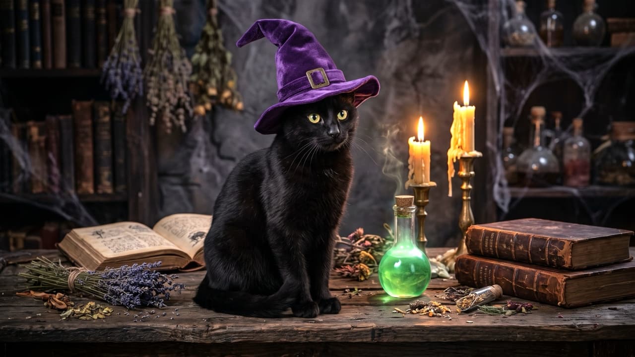 "Brewing up some Halloween magic! 🧙♀️✨ This gorgeous black cat has the perfect potion for a spooky night. What's your favorite Halloween tradition? Let us know below! 🎃🐾" Ultra-realistic high-quality photograph of a sleek black cat wearing a purple velvet witch's hat with a gold buckle, sitting on a wooden table in a dimly lit room. The cat has striking yellow eyes and is positioned next to a brightly glowing green potion bottle, melted candles, and old spellbooks, creating a magical, atmospheric, and slightly spooky Halloween setting.