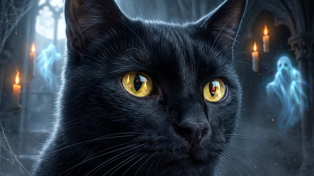 \"Hypnotic gaze of the midnight king. Capturing the mesmerizing beauty of a majestic black cat\'s amber eyes 📸🖤\" An ultra-realistic high-quality close-up photograph showcasing a stunning black cat\'s face with dense, velvety fur texture, long white whiskers, and intense, luminous golden-yellow eyes that softly reflect the ambient candlelight. The background reveals a hazy, gothic stone chamber with faint, wispy spectral figures and distant flickering candles.
