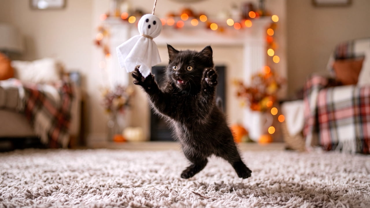 "Mid-air magic! 🐾✨ This tiny house panther is absolutely determined to catch that floating ghost! Who else is obsessed with these clumsy, playful kitten leaps? 👻🍂" An ultra-realistic, high-definition action photograph of a tiny, fluffy 6-week-old black kitten suspended mid-air in a clumsy, determined jump from a textured rug. Its short front paws are fully extended upwards, attempting to catch a miniature, handmade white cloth ghost decoration hanging from a string. The kitten's golden eyes are wide with intense curiosity and playful excitement. The background is a softly blurred, cozy living room featuring subtle autumn decorations and warm, glowing orange fairy lights, perfectly highlighting the kitten's dynamic movement and highly detailed fur texture.