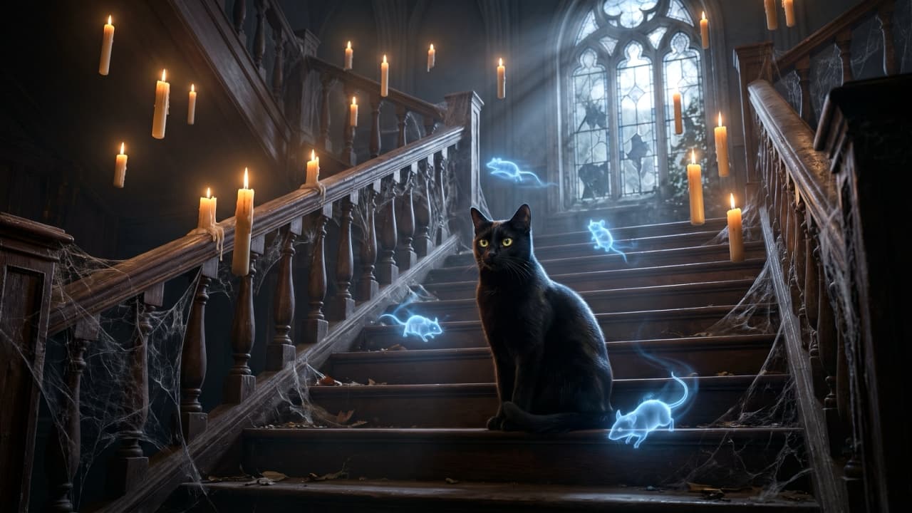 "Guard of the midnight stairs. A mystical encounter with a sleek black feline in a hauntingly beautiful castle 🐾✨" An ultra-realistic high-quality photograph featuring a sleek, glossy black cat with piercing golden eyes sitting regally on the wooden steps of a grand, gothic staircase. The mystical scene is adorned with floating glowing candles on the handrails and ethereal, glowing blue phantom mice darting playfully around the steps, all set against a backdrop of cobwebs and a large stained-glass window filtering moody volumetric light.