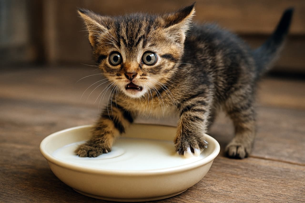 A wide-eyed tabby kitten freezes mid-step as its front paw dips into a shallow cream-colored bowl of milk on a warm-toned wooden floor, ripples spreading from the contact, its expression a perfect mix of shock and innocence.