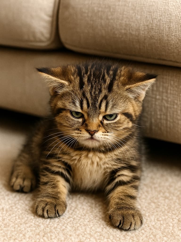 ソファの前のカーペットに座り、耳を寝かせて不機嫌そうな表情をする子猫。丸い顔と縞模様の毛並みが特徴で、真剣な目つきが印象的