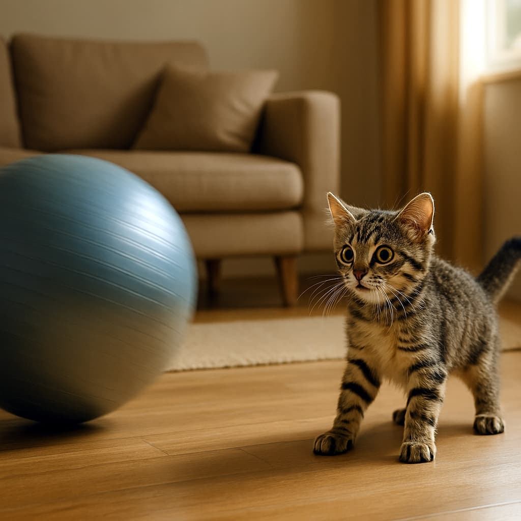 青いエクササイズボールが勢いよく子猫に向かって転がってくる瞬間。驚きと警戒心が入り混じった表情の子猫が木の床のリビングで立ち尽くしている