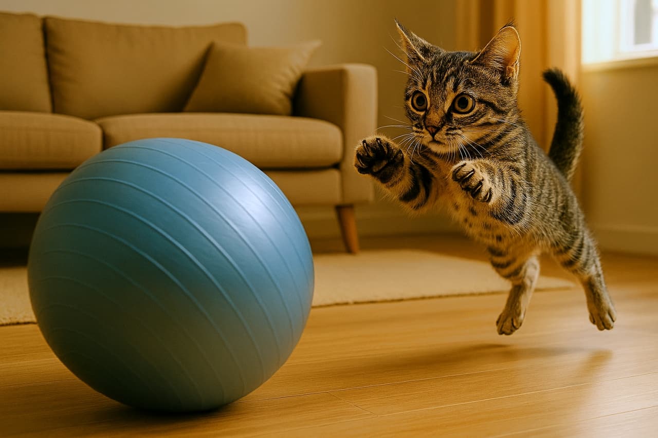 青いエクササイズボールが勢いよく転がってくる中、子猫が横長構図でジャンプしてよける瞬間。木の床のリビングで、衝突寸前の緊迫感、驚きと敏捷さが同時に伝わるシーン