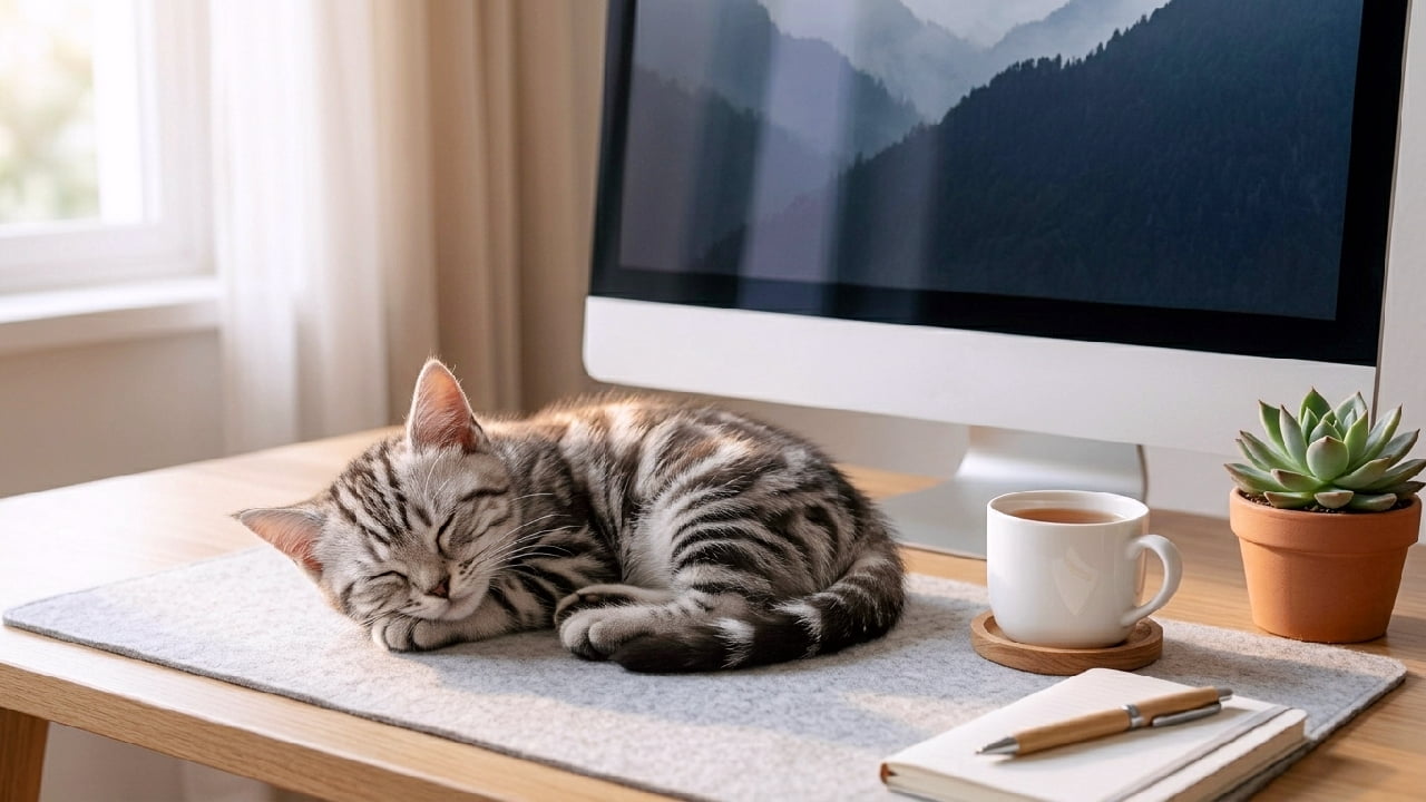 Ultra-realistic high-quality photograph of a silver tabby shorthair kitten sleeping peacefully curled up on a desk pad in a sunlit workspace. A large monitor, a mug, a notebook, and a small succulent plant in the background convey a calm and comforting remote work environment. 明るい日差しが差し込むワークスペースのデスクマットの上で、シルバータビーの美しい縞模様を持つ短毛種の子猫が丸くなってすやすやと眠っている様子。背景には大型モニター、傍らにはマグカップやノート、小さな多肉植物が配置され、リモートワーク中の穏やかな癒しの時間を表現