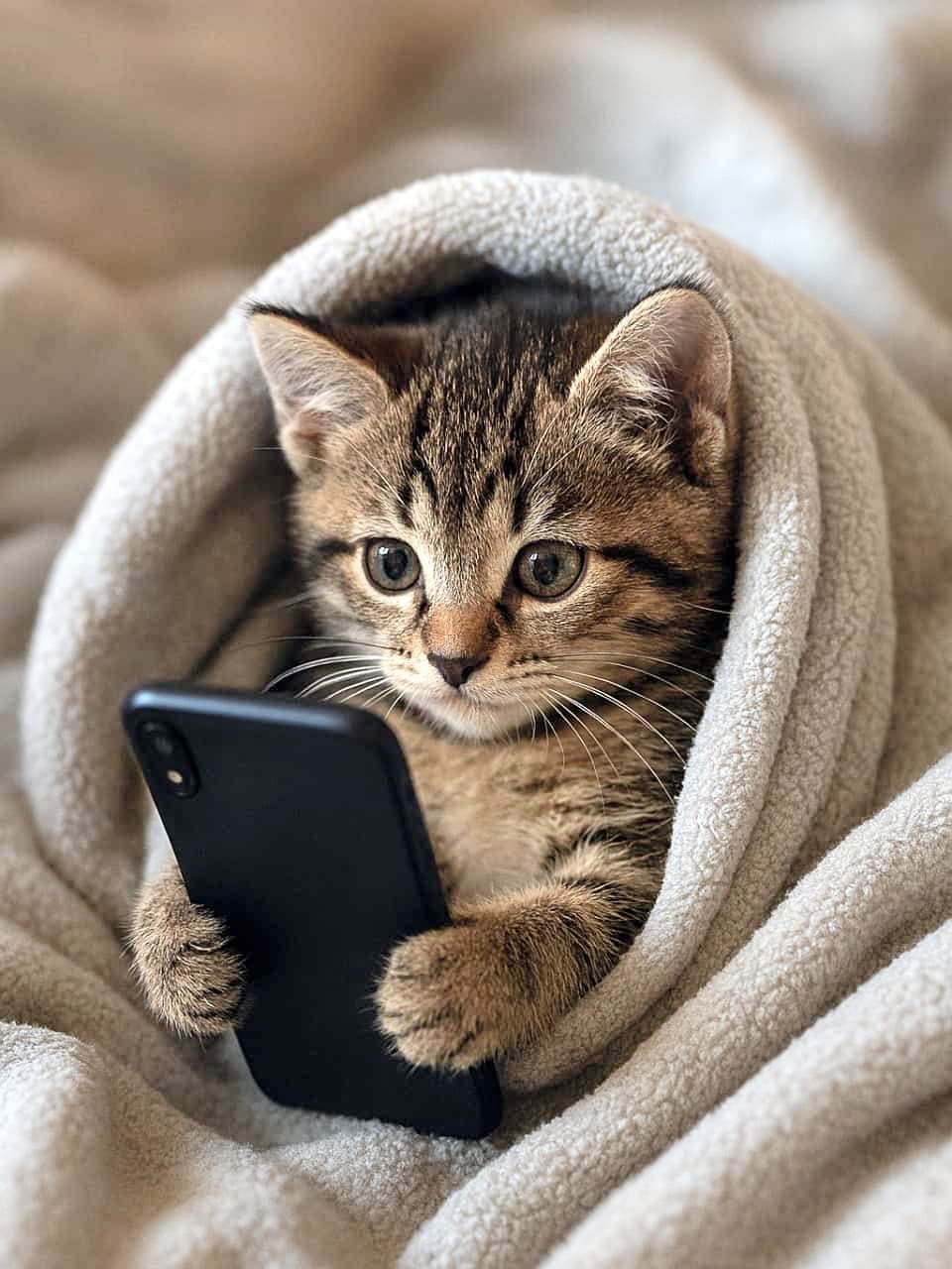 Ultra-realistic high-quality photograph of a tabby kitten with American Shorthair features, snugly wrapped in a fluffy beige blanket, intently looking at a black smartphone screen. The kitten has distinct forehead markings, large olive-green eyes, and tiny paws gripping the phone, illuminated by soft, warm indoor lighting that highlights its fuzzy fur. ふわふわのベージュ色のブランケットにすっぽりと包まれ、真剣な表情で黒いスマートフォンの画面を見つめるアメリカンショートヘア風のキジトラ子猫。くっきりとしたM字模様と大きなオリーブグリーンの瞳、そしてスマホをしっかり掴む小さな前足が特徴的。柔らかく暖かな室内の光が、被毛のふんわりとした質感を際立たせています