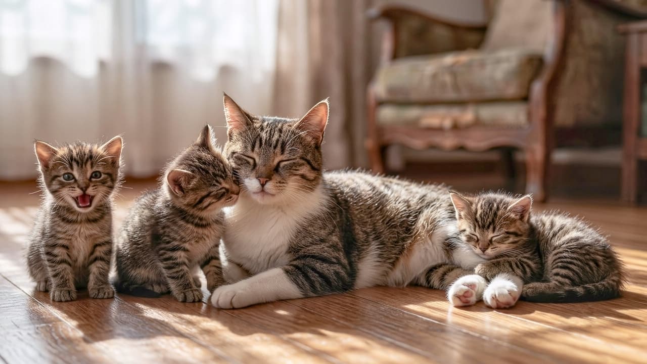 「ぽかぽか陽だまりで家族団らんのひととき☀️🐈 みんなでお母さんに甘えてる姿が尊すぎて涙が出そう…😭💖 あなたはどの子と一緒に寝転がりたい？ #猫ファミリー #キジトラ部 #癒やしの時間」Ultra-realistic high-quality photograph of a tabby and white mother cat relaxing on a sunlit wooden floor with her three tabby kittens. The kitten on the left is energetically meowing, the middle one is affectionately nuzzling the sleeping mother's cheek, and the right one is sleeping peacefully by her paws. The softly blurred background features sheer window curtains and an antique armchair, beautifully capturing a heartwarming and peaceful family moment. 暖かい自然光が差し込むフローリングの床でくつろぐ、アメリカンショートヘア風のキジ白の母猫と3匹のキジトラ子猫たち。左端の子猫は元気いっぱいに口を開けて鳴き、真ん中の子は目を閉じた母猫の頬に愛らしくスリスリと甘え、右端の子は母猫の足元で安心しきって眠っています。背景には柔らかな光を通すレースのカーテンとアンティーク調のチェアが美しくぼけて写り込み、家族の絆と穏やかな日常の情景を豊かに描き出しています