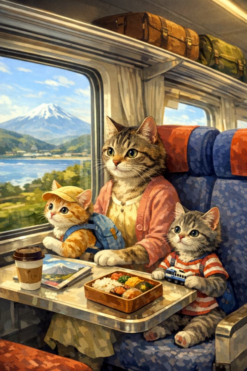 「特急列車で家族旅行ニャ🚄🗻 窓から見える大きな富士山にみんなワクワク！駅弁も楽しみだね🍱✨ #猫イラスト #家族旅行 #列車の旅」High-quality illustration of a mother cat and two kittens enjoying a train ride with a view of Mount Fuji and a lake from the window. The mother wears a pink cardigan, and the cute kittens have a cap, backpack, and a toy train. A bento box is on the table. Vertical composition. 特急列車の座席で駅弁を広げ、車窓から富士山と湖の景色を楽しむ猫の親子を描いた温かみのあるイラスト。ピンクのカーディガンを着た母猫と、帽子やリュックを身につけた茶トラの子猫、おもちゃの電車を持ったキジトラの子猫が窓の外を眺めている、縦長の高品質な画像