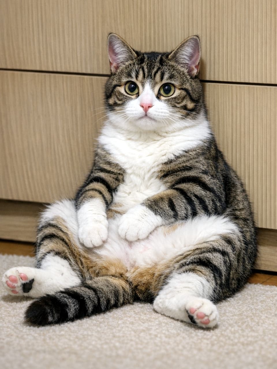 「ハイエナ座り、マスターしたよ？😼✨ まん丸のおめめと、ぽっこりお腹の上に添えたおててが愛おしすぎる🥺💕 #ねこすたぐらむ #おもしろ猫 #ぽっちゃり猫」Ultra-realistic high-quality portrait photograph of a chubby tabby and white cat sitting against wooden furniture in a funny "hyena sit" pose. Its hind legs are spread out, and its front paws are resting softly on its round belly. The vertical framing emphasizes its cute, chubby form. 木目の家具を背にして座る、ふっくらとしたキジトラ白の猫の縦長写真。後ろ足を広げて座る「ハイエナ座り」をしており、前足をちょこんとお腹の上に添えている。まん丸の目と、ぽっこりしたお腹のフォルムが強調された高画質画像