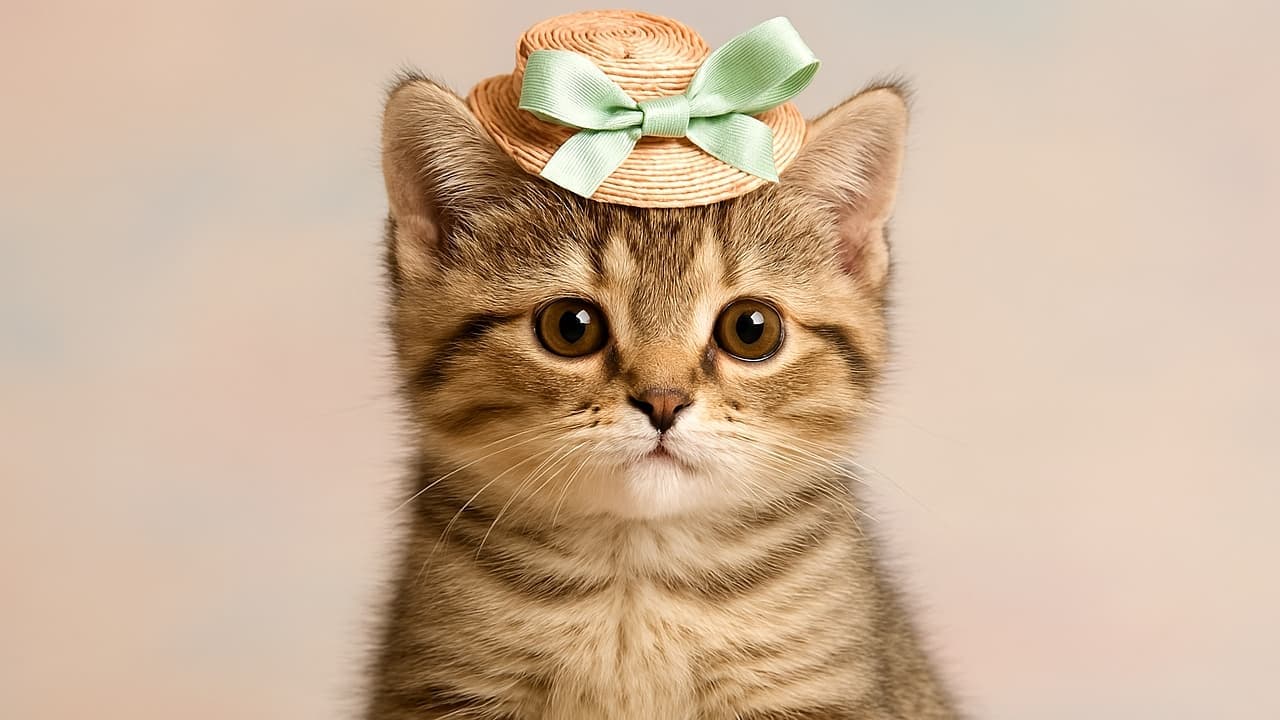 麦わら風の小さなリボンハットをかぶり、まっすぐカメラを見つめる茶トラ子猫。背景はピンクから水色へのパステルグラデーションで、柔らかな光が毛並みを際立たせている