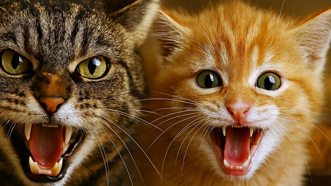 餌を奪われて怒り、牙をむき出して威嚇する成猫と子猫が並んでいる横長のアップ写真。成猫は鋭い黄金色の瞳で睨み、子猫は小さな牙を見せて必死にシャーッと威嚇している。背景にはぼんやりと餌皿が映り、二匹の表情が強調されている