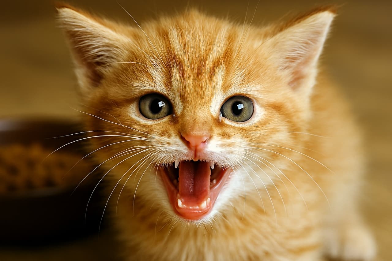 小さな牙を見せてシャーッと威嚇する茶トラ子猫の顔アップ。丸い瞳に怒りと必死さが混ざり、背景にはぼんやり餌皿が映る