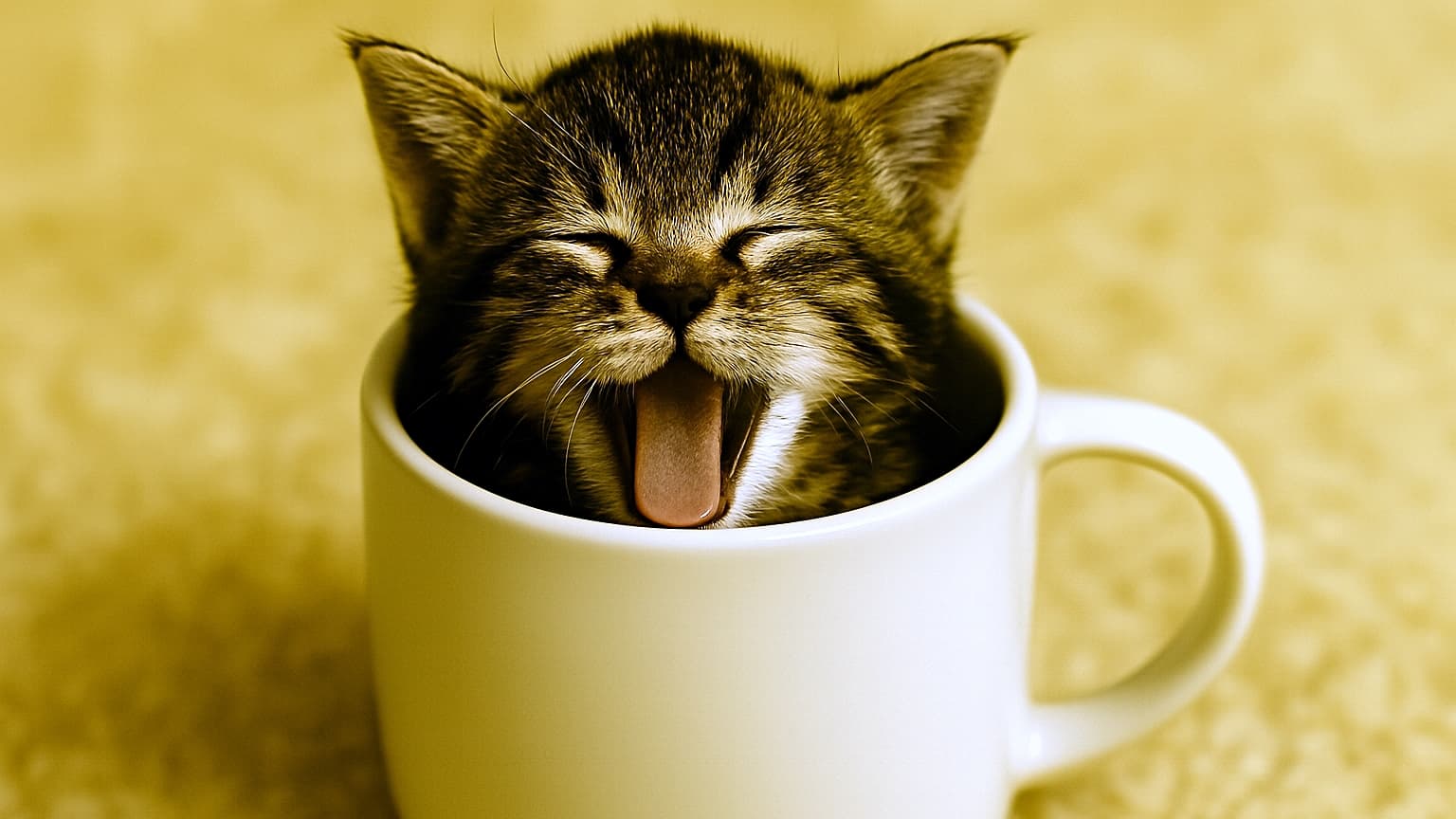 白いマグカップに入ってあくびをする子猫。柔らかいカーペットの上で愛らしく収まっている様子。A small kitten yawning inside a white ceramic mug, sitting on a soft beige carpet, creating a cozy and humorous scene.