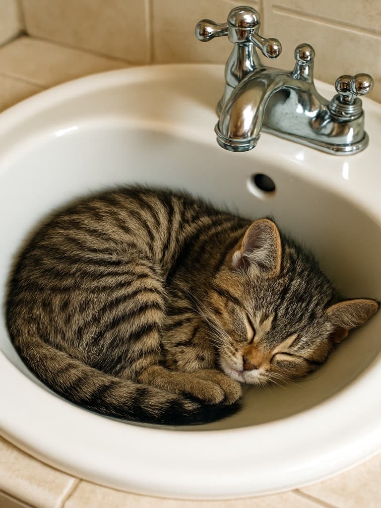 白いシンクの中で丸くなって眠るキジトラ猫。ひんやりした陶器にすっぽり収まり、安心しきった表情をしている。
