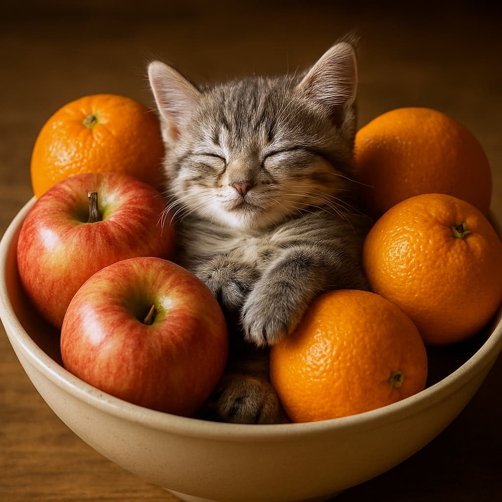 ボウルいっぱいのリンゴとオレンジの中で、目を閉じて眠る小さな茶トラ子猫。片方の前足をオレンジに乗せ、木のテーブルの上で暖かな光に包まれている