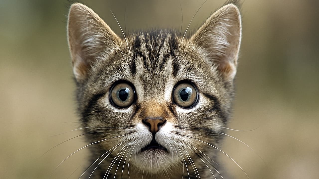 驚いた表情で目を大きく見開き、耳をぴんと立てた子猫のクローズアップ。長い白いひげが少し広がり、背景は柔らかくぼかされて顔立ちが際立っている。Close-up of a kitten with wide, surprised eyes, perked ears, and slightly flared white whiskers, set against a softly blurred background that emphasizes its face. 驚いた表情で目を大きく見開き、耳をぴんと立てた子猫のクローズアップ。長い白いひげが少し広がり、背景は柔らかくぼかされて顔立ちが際立っている。Close-up of a kitten with wide, surprised eyes, perked ears, and slightly flared white whiskers, set against a softly blurred background that emphasizes its face.