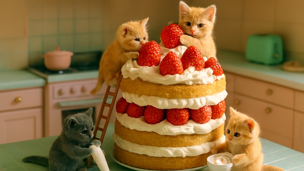 横長のパステルキッチンで、4匹の子猫が巨大な苺ショートケーキを飾っている。梯子を登る子猫は大きな苺を抱え、トップの子猫は苺を持って座っている。手前の灰色の子猫は絞り袋でクリームを絞り、もう一匹は小さなボウルからクリームをすくっている。カウンターには砂糖瓶や泡立て器などの小道具が散らばり、自然光が全体を柔らかく照らしている