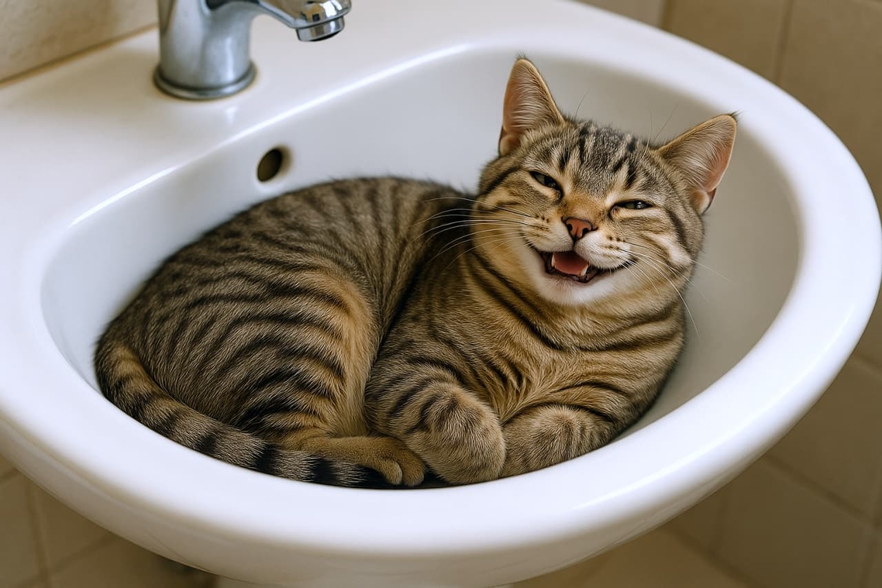 A tabby cat curled up inside a white bathroom sink, eyes half-closed and mouth slightly open in a relaxed, smiling expression. Tiled wall and silver faucet in the background. 白い洗面台の中で丸くなって眠る縞模様の猫。目を細め、口元がゆるみ、微笑んでいるような表情が愛らしい。背景にはタイル壁と銀色の蛇