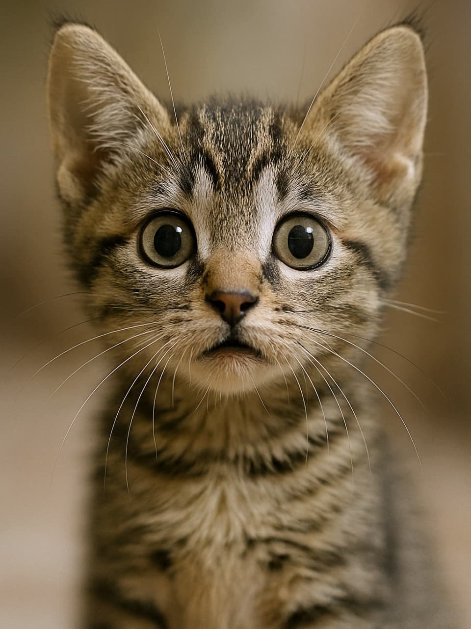 驚いた表情で目を大きく見開き、耳を立てた子猫のクローズアップ。長い白いひげが広がり、背景は柔らかくぼかされて顔が際立っている。Close-up of a kitten with wide, surprised eyes, perked ears, and flared white whiskers, set against a softly blurred background that emphasizes its face.