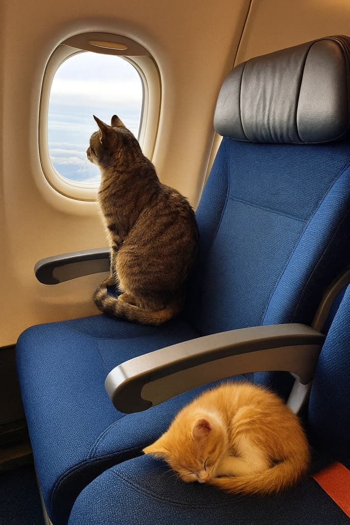 航空機内の青いシートに座る2匹の猫。窓際の座席では成猫のキジトラが外をじっと眺め、通路側の座席ではオレンジと白の子猫が丸くなって眠っている。窓の外には青空と雲が広がり、柔らかな光が猫たちを照らしている