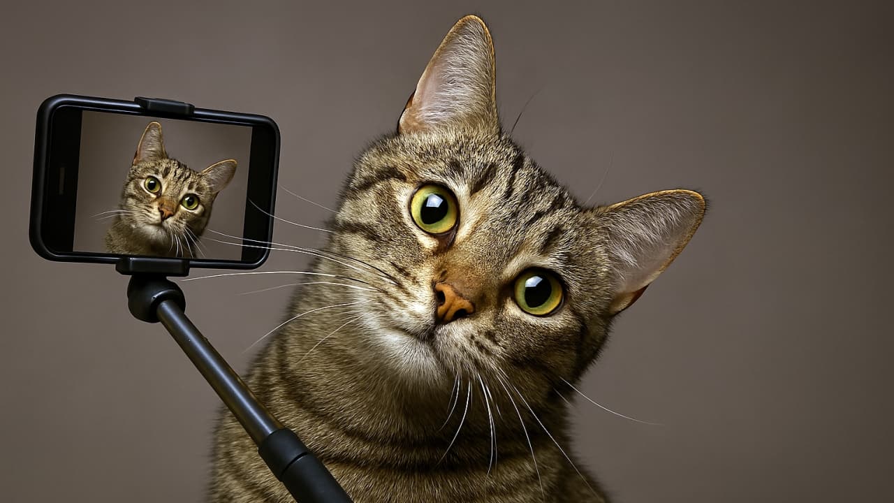 セルフィースティックを持ち、スマホで自撮りをする好奇心いっぱいの茶トラ猫。首をかしげた愛らしい表情が特徴