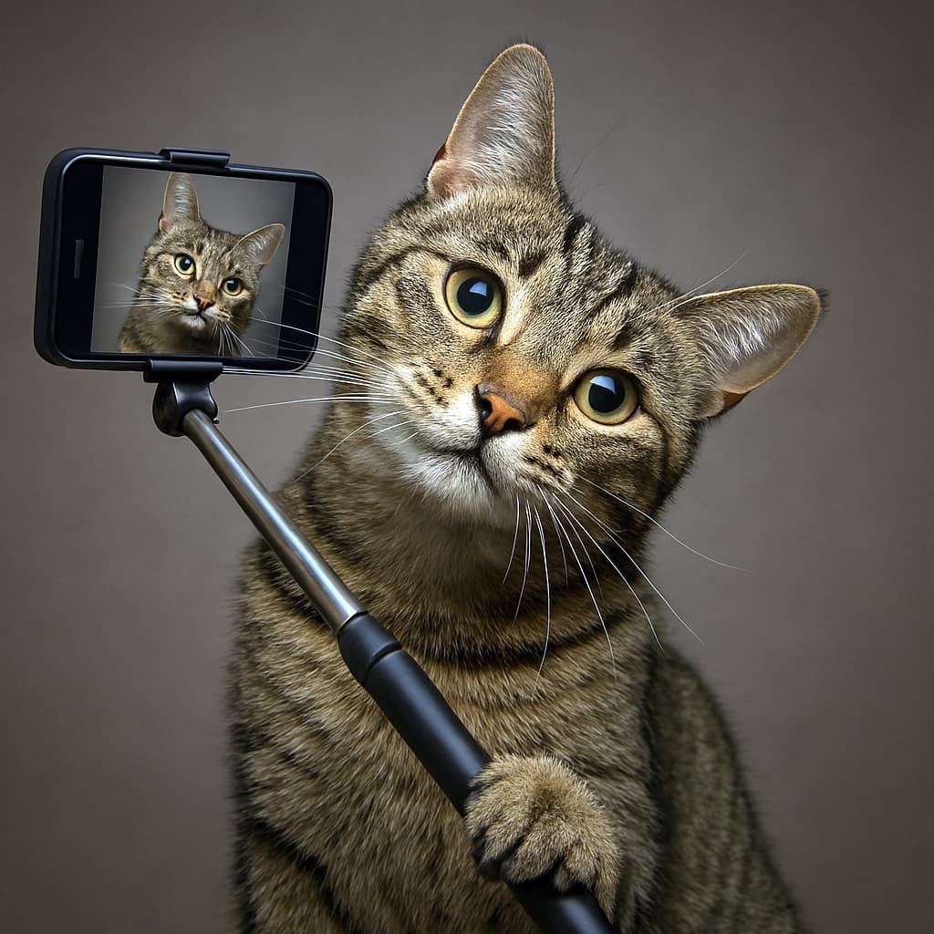 セルフィースティックを持ち、スマホで自撮りをする好奇心いっぱいの茶トラ猫。首をかしげた愛らしい表情が特徴。