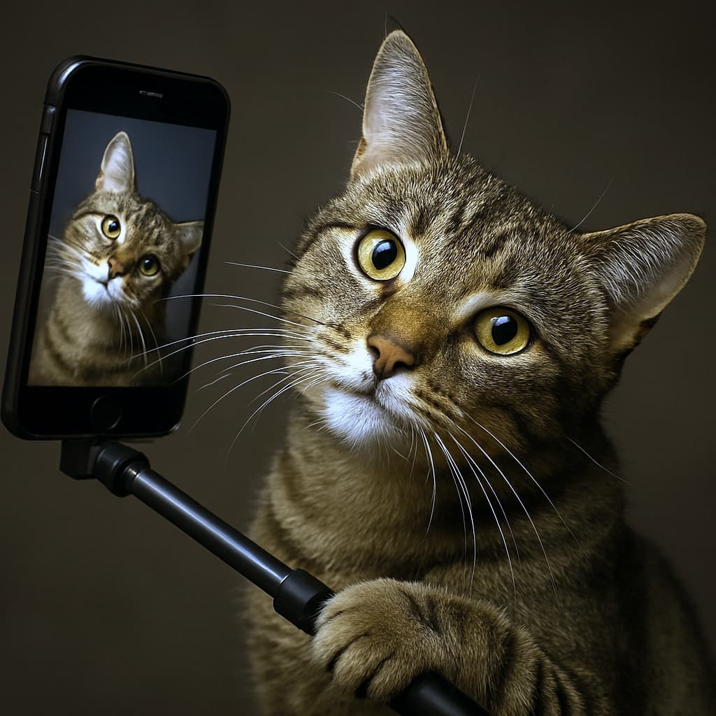 セルフィースティックを持ち、スマホで自撮りをする好奇心いっぱいの茶トラ猫。首をかしげた愛らしい表情が特徴。写真2