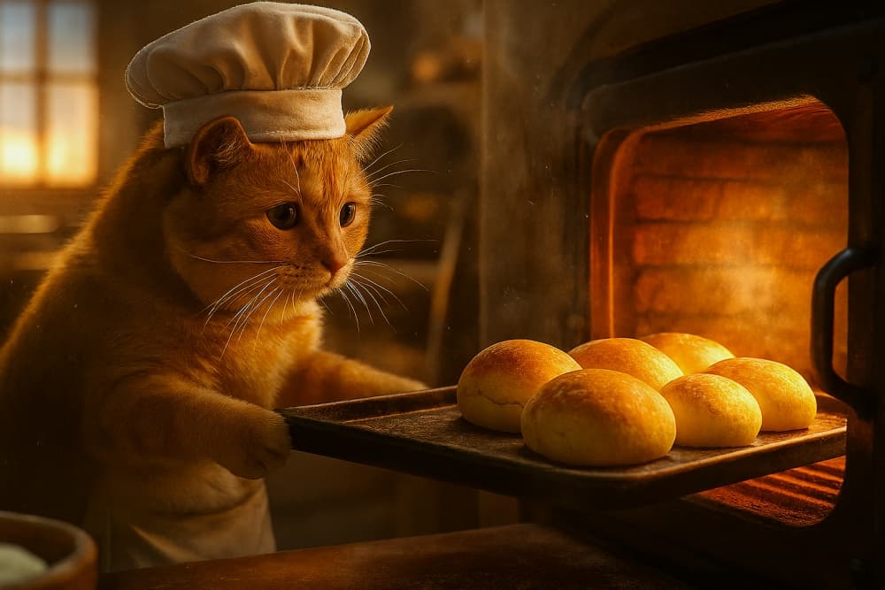 オレンジ色の猫が白いコック帽をかぶり、黒いトレーに並んだふっくらした菓子パンをレンガ窯に入れようとしている。窓からの柔らかな光と窯のオレンジ色の炎が重なり、温かい雰囲気のパン屋の一場面