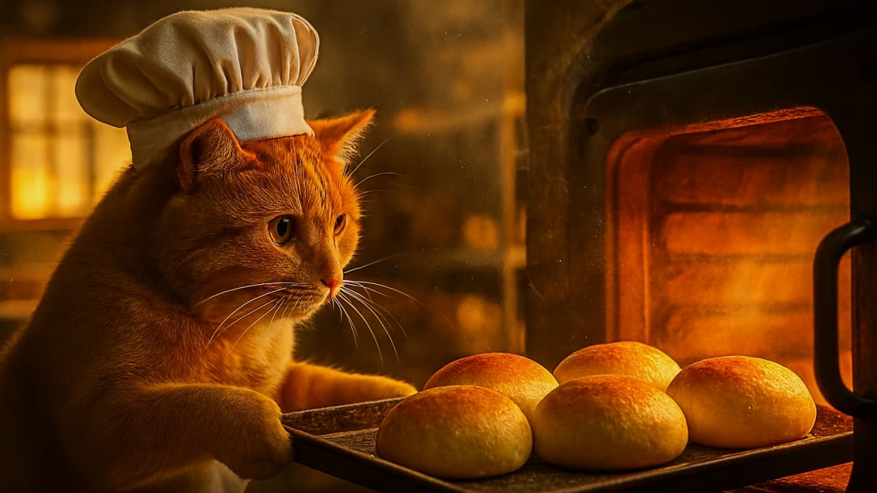 オレンジ色の猫が白いコック帽をかぶり、背後から見た構図で黒いトレーに並んだ菓子パンをレンガ窯に入れている。窯の炎の光と窓からの陽射しが交差し、奥行きのある温かなパン屋の情景