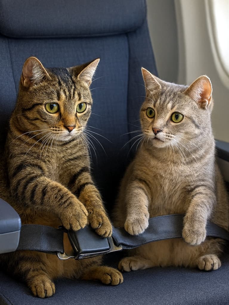 航空機の座席に並んで座る2匹の猫。茶トラと灰色の猫が前足を合わせるようにして協力し、シートベルトをカチッと締めている。真剣な表情で作業する様子がユーモラスに描かれている