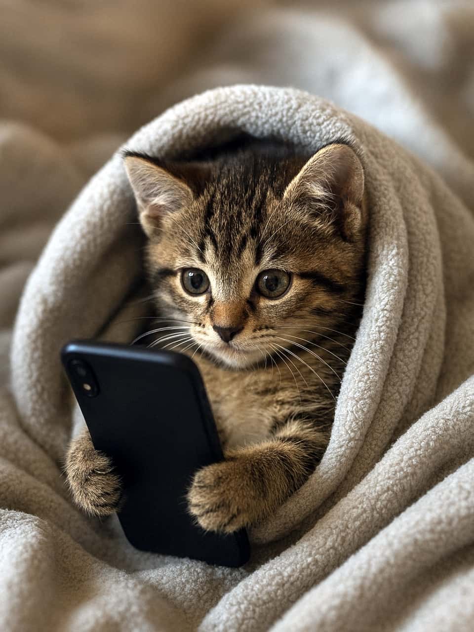 布団にくるまってスマホを両前足で持ち、真剣な表情で画面を見つめる子猫の縦長写真。柔らかい灰色の毛布に包まれて安心した雰囲気