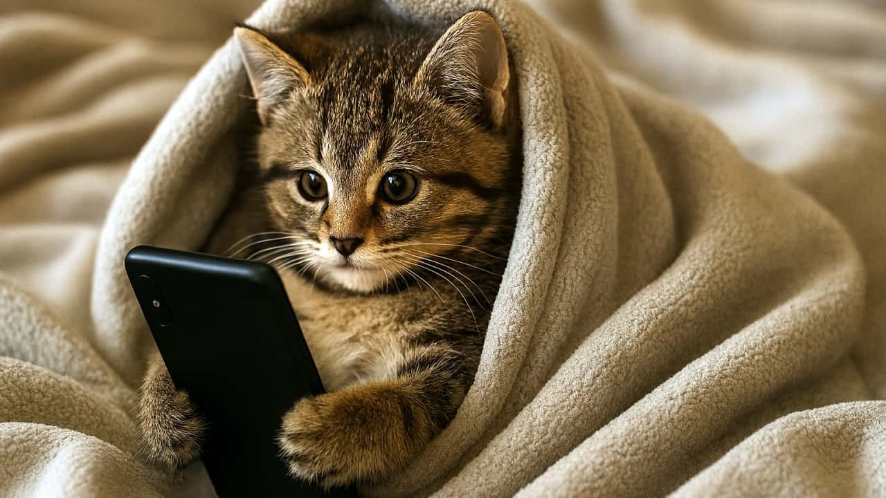 灰色の毛布にくるまれた子猫が、横長構図でスマホを見つめている写真。布団の広がりが強調され、リラックスした夜更かしの雰囲気