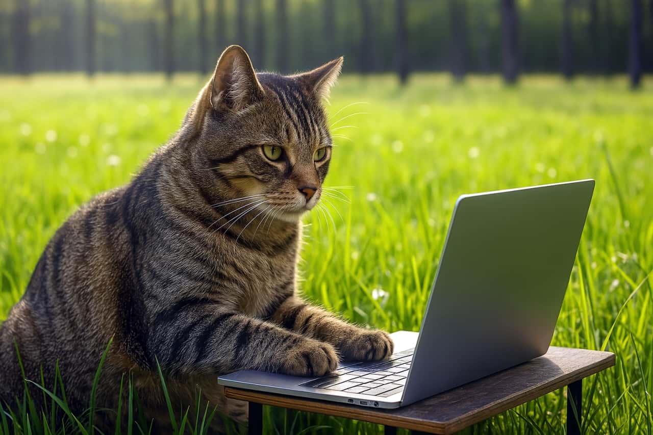 緑の草原に置かれた小さな木製テーブルの上でノートパソコンを操作するキジトラ成猫。猫は前足をキーボードに置き、画面を真剣に見つめている。背景には高い草と白い小花が広がり、奥にはまっすぐに伸びた木々が並んでいる。自然光が猫の毛並みを柔らかく照らし、温かみのある雰囲気を演出している
