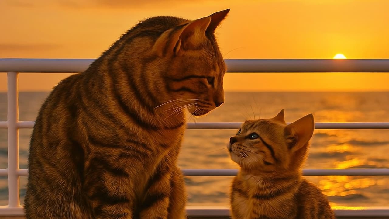 夕暮れのフェリーデッキで、親猫が子猫に優しく語りかけ、子猫が興味深そうに見上げている。背後にはオレンジ色に染まる海と空が広がり、親子の温かな交流を包み込んでいる