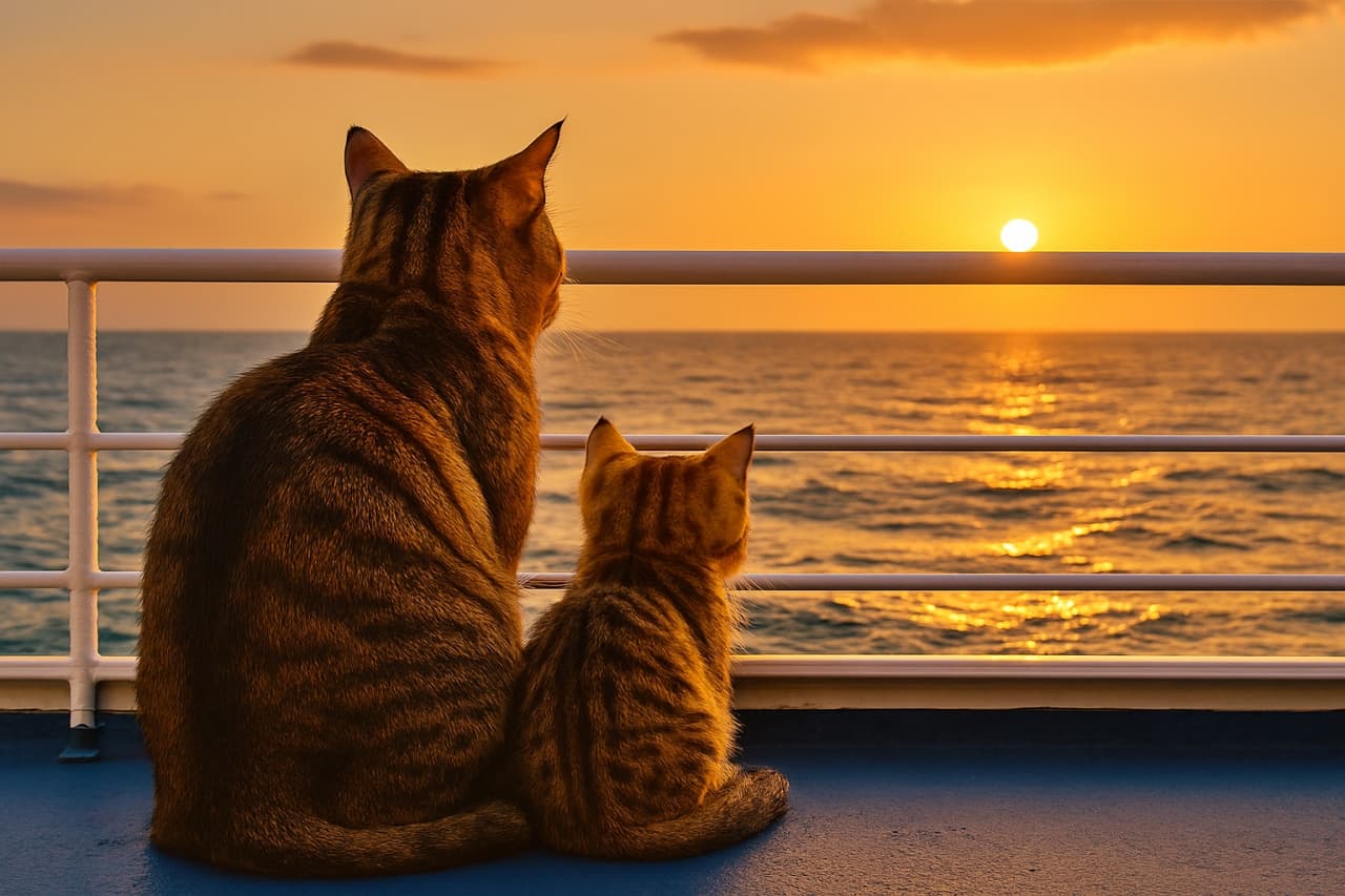 フェリーのデッキに並んで座る親子猫が、夕焼けに染まる海を静かに眺めている。水平線に沈む太陽が水面に黄金色の道を描き、穏やかな時間を共有している様子が伝わる
