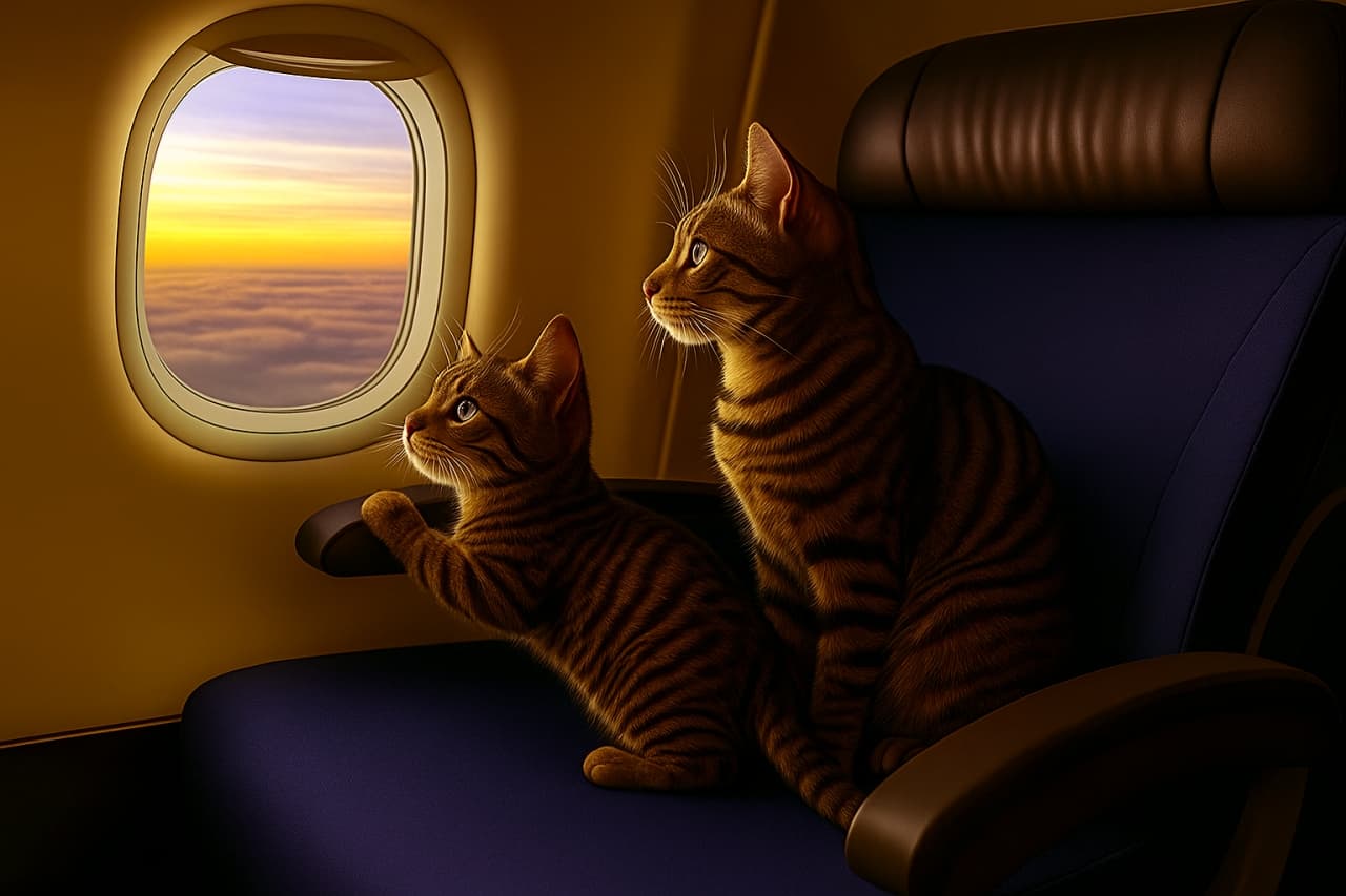 飛行機の青い座席に並んで座る2匹のトラ柄の猫。1匹は背筋を伸ばして座り、もう1匹は前足を肘掛けに置いて窓の外を覗き込む。窓の外には雲海と鮮やかな夕焼けが広がり、暖かな橙と黄色の光が機内を照らしている